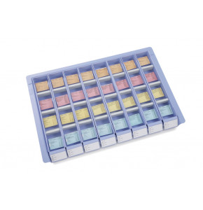 Plateau + 8 piluliers bleu lavande + étiq. matin midi soir nuit