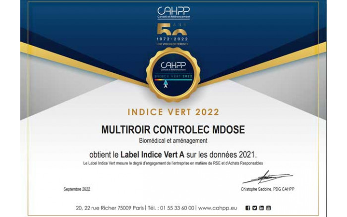 Mdose obtains the Label Indice Vert A from CAHPP - Conseil et Référencement