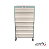 Mobile medical cabinet for contiguous drawers with central code lock - 14 slides