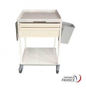 Medical trolley with 2 drawers, 1/65 mm and 1/135 mm, with foldable tray and waste bin.